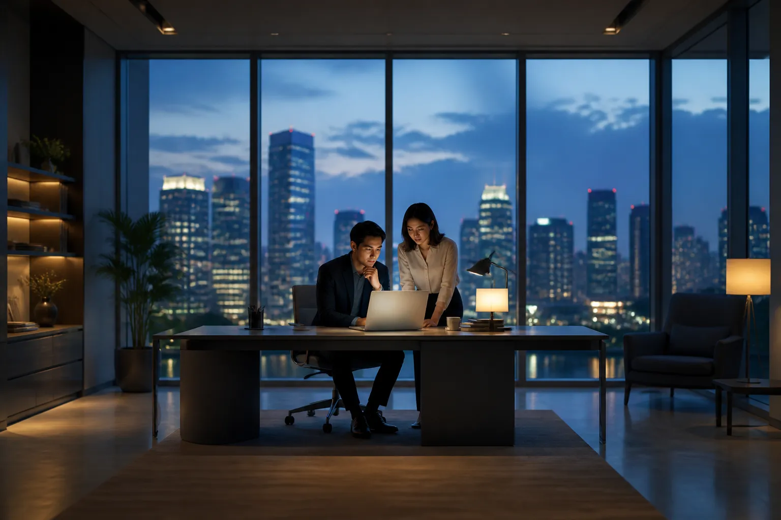 ARI team collaborating at dusk, city lights behind them